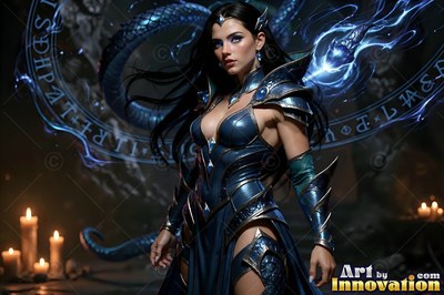 A woman casts magic in dark armor, bright blue light shining from runes around her