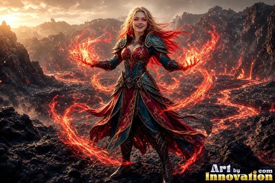 Standing on a volcanic field, a woman holds red flames in her hands