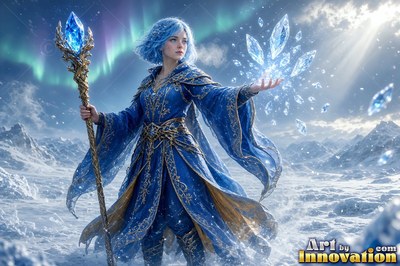 A woman in blue robes holds a staff and creates ice crystals in the snow