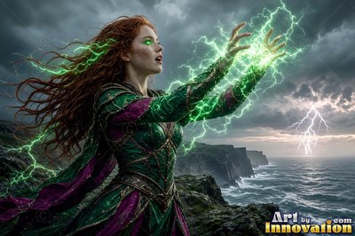 On a stormy ocean cliff, a red-haired woman hurls green lightning from her hands