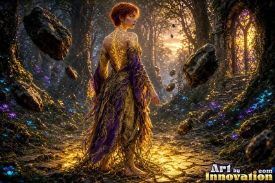 Standing in a dark wood, a woman in a purple gown lifts heavy stones into the air