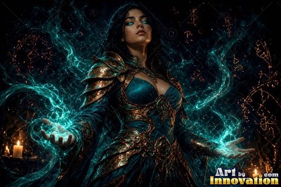 A woman in bronze armor channels teal energy with open hands