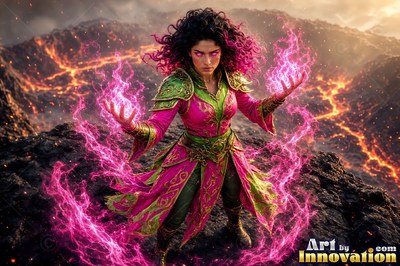 In bright pink and green robes, a woman channels pink fire on a dark volcanic mountain