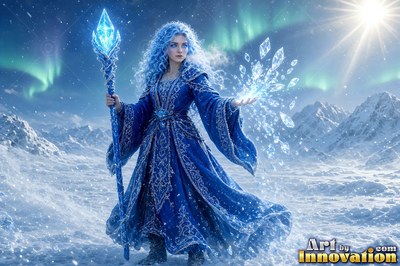 A woman in blue robes casts floating ice crystals under pale green northern lights