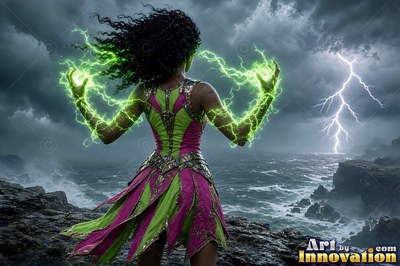 Seen from behind on a rocky coast, a woman summons green lightning