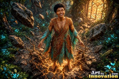 A smiling woman in a teal vine dress levitates rough rocks in a forest