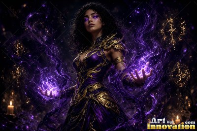 In a dark candlelit room, a woman in gold armor casts purple energy