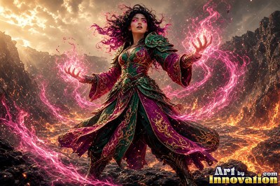Casting pink fire, a woman in green and purple robes stands on volcanic rock