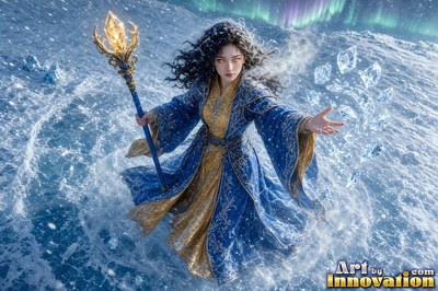 A woman in blue robes holds a staff and casts ice magic in the snow