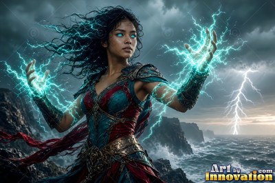 Wearing blue and red armor, a woman casts blue lightning above a stormy sea coast