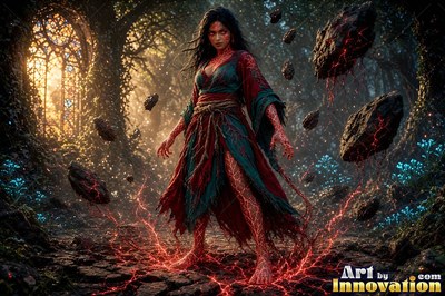 A barefoot woman raises floating rocks in a ruined archway, lit from below by red cracks