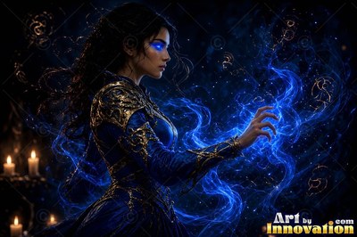 Facing right in a dark room, a woman in a blue gown summons blue magic flames