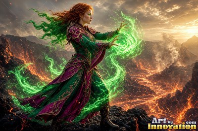 A red-haired woman casts bright green magic over a fiery volcanic valley