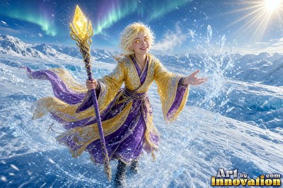 On a snowy mountain, a smiling woman in a purple and yellow robe scatters ice crystals