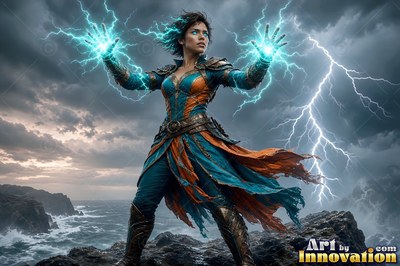 Summoning blue lightning from both hands, a woman stands on stormy cliffs