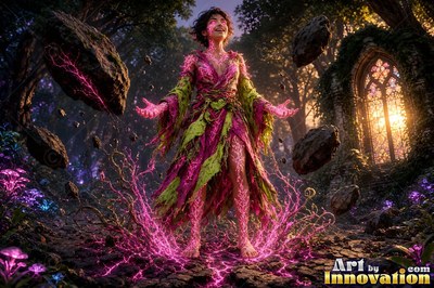 A woman in pink and green robes lifts rocks with pink lightning