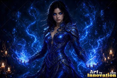 Dressed in blue armor, a dark-haired woman unleashes bright blue lightning in a candlelit room