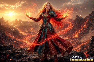 A smiling woman conjures fiery sparks above a volcano, lit by warm yellow sunset light