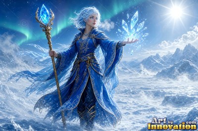 Turned sideways in a snowy tundra, a woman in blue raises ice crystals