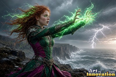 A red-haired woman shoots green lightning from her hands beside a stormy sea