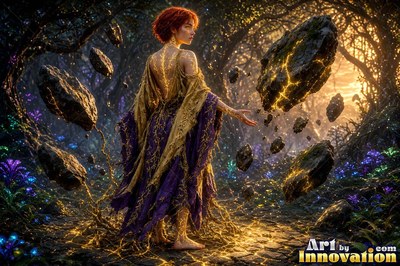 In a dark forest, a barefoot woman in purple and gold robes floats boulders