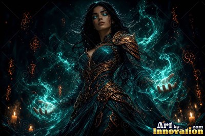 Raising her hands in the dark, a dark-haired woman in bronze armor summons teal fire