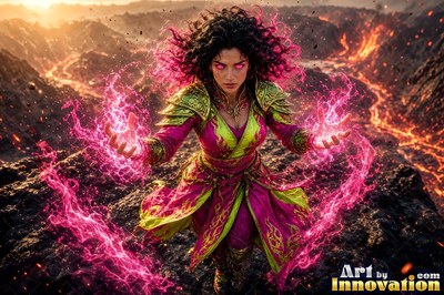 A woman casting pink energy over dark volcanic rocks