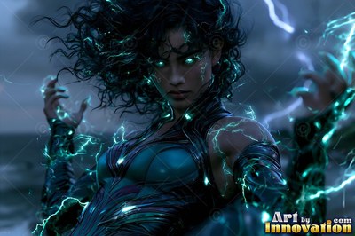 In dark teal armor on a stormy coast, a woman summons blue lightning from her hands
