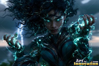 A woman channels lightning through her hands, her face lit by bright teal bolts
