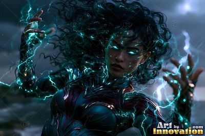 Chest-up at night, a woman raises hands crackling with blue lightning