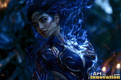 A dark-haired woman in a deep blue gown stands with blue flames rising off her chest