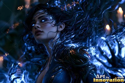 In a dark room with candles, a woman turns as blue light fills her hair