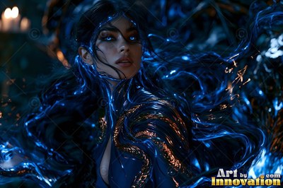 Swirling dark blue magic around herself, a woman looks up with bright blue eyes