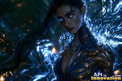 A woman with bright blue eyes surrounded by lightning