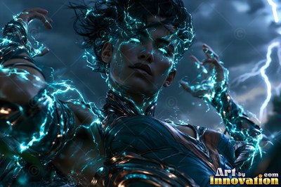 Dark metal armor wraps a woman casting bright blue lightning beneath heavy storm clouds