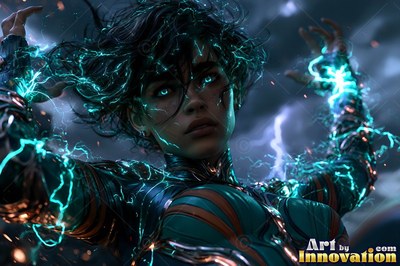 A woman summons lightning with raised hands, lit by bright teal bolts in her dark hair