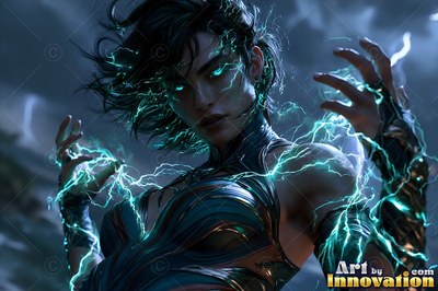 Facing forward in a dark storm, a woman raises hands crackling with cyan lightning