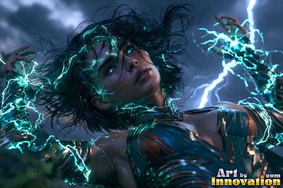 A woman leans back as bright teal lightning crackles over her dark armor