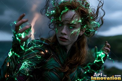 On a dark hill, a red-haired woman throws green lightning from her hands