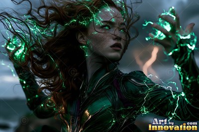 Casting green lightning from her hands, a red-haired woman wears dark green armor