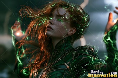 A red-haired woman casts green lightning from her eyes and hands