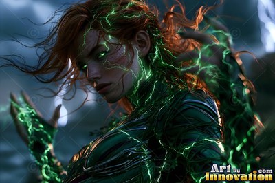 Green lightning crackles over the suit of a red-haired woman outdoors at night