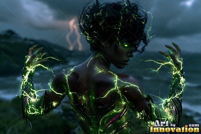 A woman raises her hands to channel green lightning that illuminates her back and curly hair
