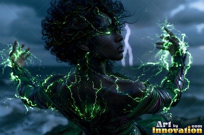 Turned away at sea, a woman throws green lightning from her raised hands