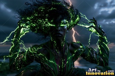 A woman with green lightning crackling across her body and curly hair outdoors at dusk