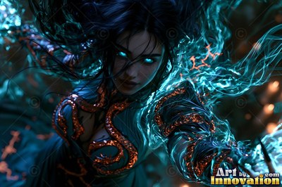 In dark teal smoke, a woman with bright blue eyes casts teal flames
