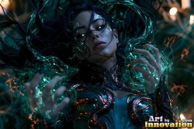 Channeling green light through her hands, a dark-haired woman looks upward