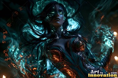 A woman in dark armor cast in bright teal light