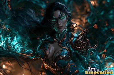 Copper body armor shapes a dark-haired woman inside swirling teal smoke in the dark