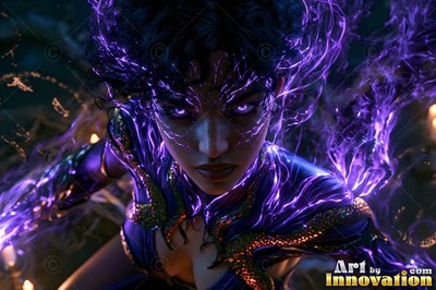 A woman leans forward casting bright purple lightning across her dark face